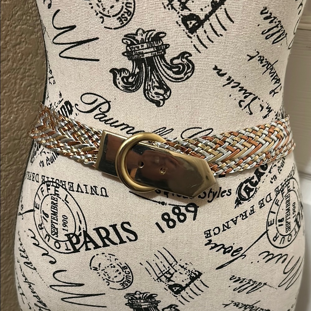 Elegant Gold Silver and Copper colored Braided Belt with Gold Metallic buckle